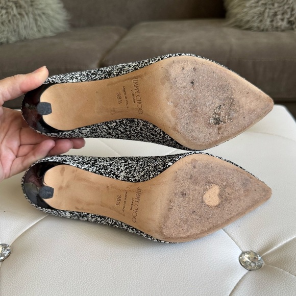 Jimmy Choo ROMY 100 Pointy Toe Pump Heel Shoes Black White Glitter 38.5 - Picture 15 of 17
